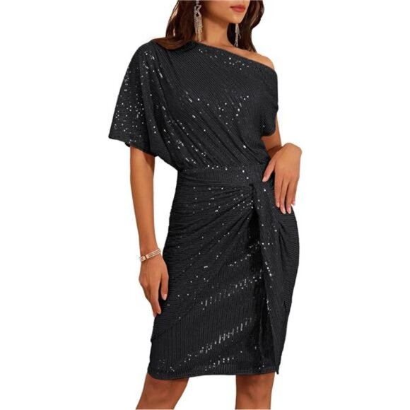 Sequin Glitter One Shoulder Ruched Bodycon Cocktail Party Dress